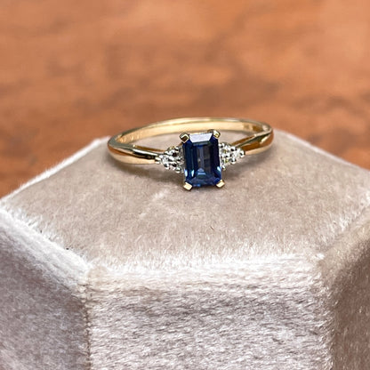 Estate 10KT Yellow Golf Emerald-Cut Blue Sapphire + Diamond Accent Ring