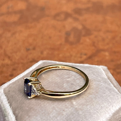 Estate 10KT Yellow Golf Emerald-Cut Blue Sapphire + Diamond Accent Ring