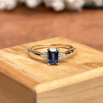 Estate 10KT Yellow Golf Emerald-Cut Blue Sapphire + Diamond Accent Ring