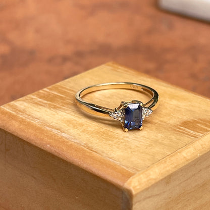 Estate 10KT Yellow Golf Emerald-Cut Blue Sapphire + Diamond Accent Ring