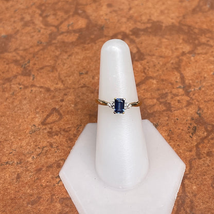 Estate 10KT Yellow Golf Emerald-Cut Blue Sapphire + Diamond Accent Ring