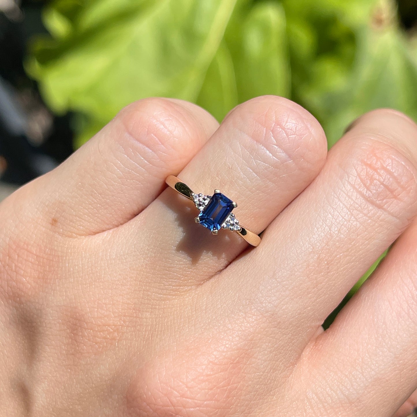 Estate 10KT Yellow Golf Emerald-Cut Blue Sapphire + Diamond Accent Ring