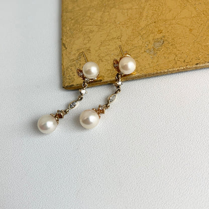 Estate 14KT Yellow Gold Cultured White Pearl + Diamond Dangle Earrings