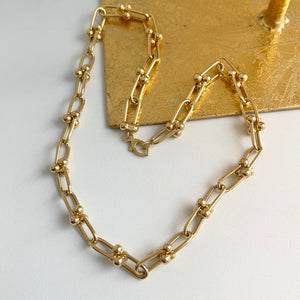 14KT Yellow Gold Ball Knot Hardware Rectangle Chain Necklace 20"