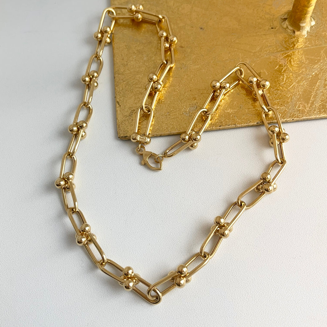 14KT Yellow Gold Ball Knot Hardware Rectangle Chain Necklace 20