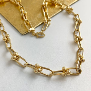 14KT Yellow Gold Ball Knot Hardware Rectangle Chain Necklace 20"