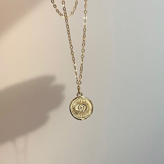 14KT Yellow Gold Detailed Evil Eye Pendant Chain Necklace