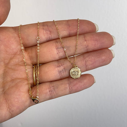14KT Yellow Gold Detailed Evil Eye Pendant Chain Necklace