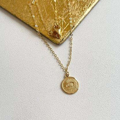 14KT Yellow Gold Detailed Evil Eye Pendant Chain Necklace