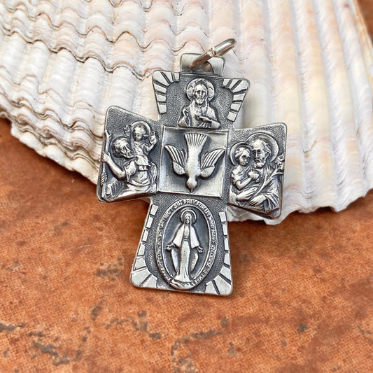 Sterling Silver Antiqued Four Way Catholic Cross Medal Pendant 35mm, Sterling Silver Antiqued Four Way Catholic Cross Medal Pendant 35mm - Legacy Saint Jewelry