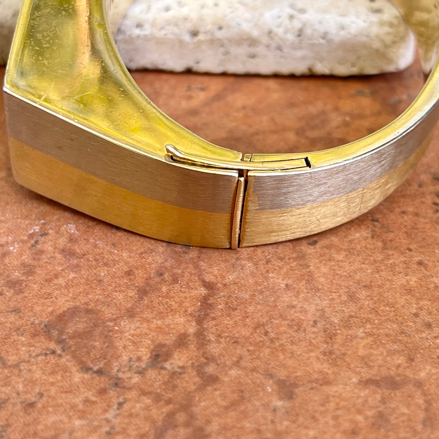 Estate 18KT Yellow Gold + White Gold Matte Striped 70s Bangle Bracelet