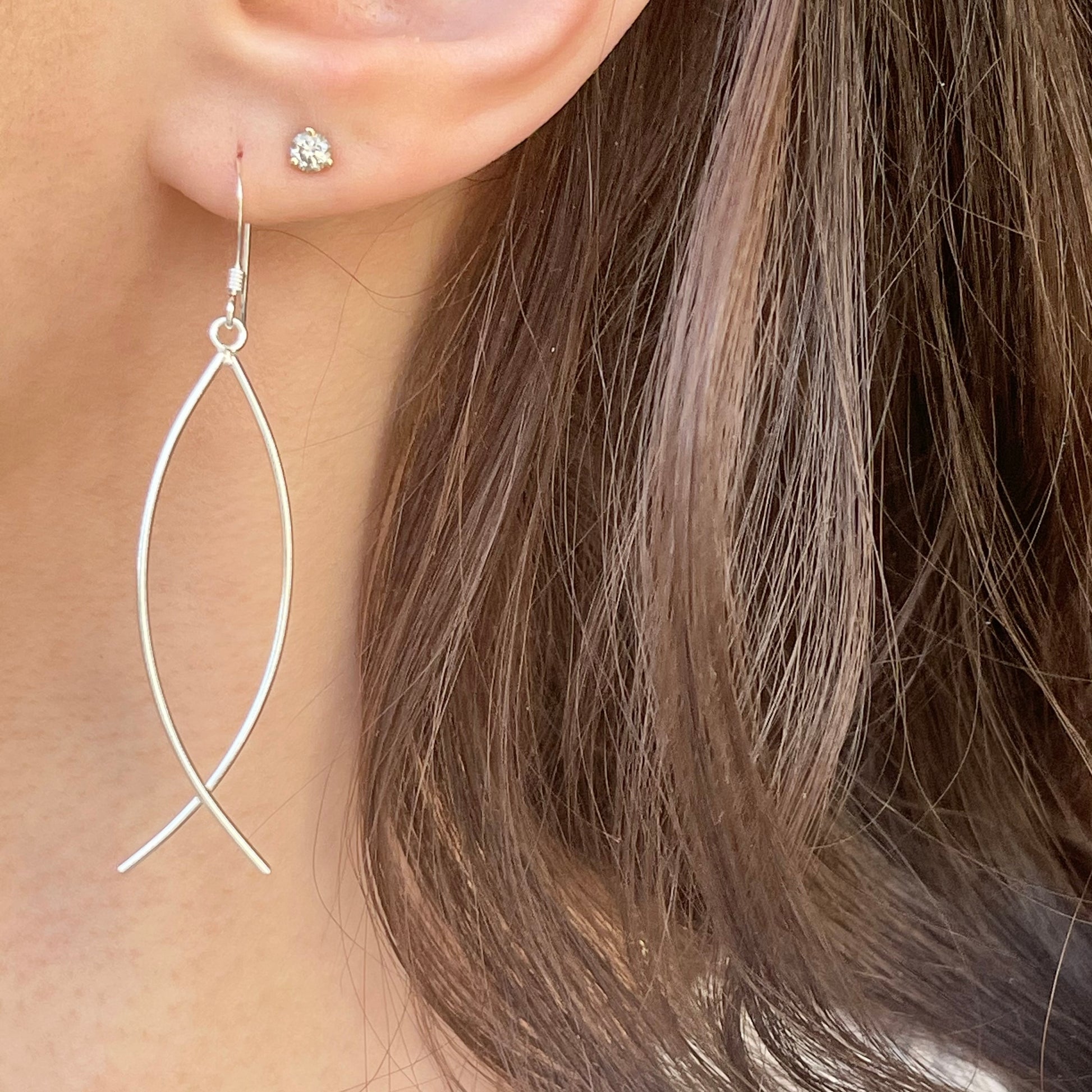 Sterling Silver Ichthus Thin Shepard Hook Dangle Earrings – LSJ