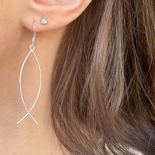 Sterling Silver Ichthus Thin Shepard Hook Dangle Earrings