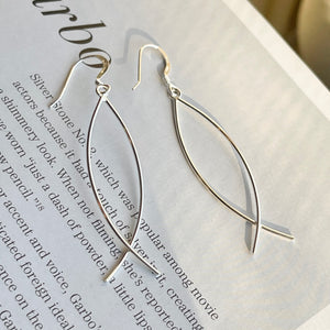 Sterling Silver Ichthus Thin Shepard Hook Dangle Earrings