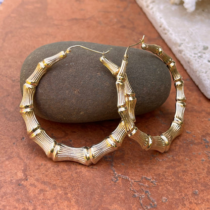 14KT Yellow Gold Polished + Textured Bamboo Large Hoop Earrings 54mm