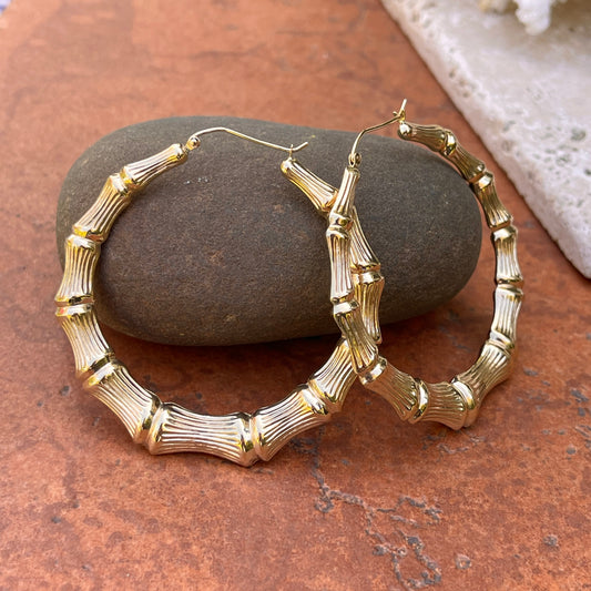 14KT Yellow Gold Polished + Textured Bamboo Large Hoop Earrings 54mm