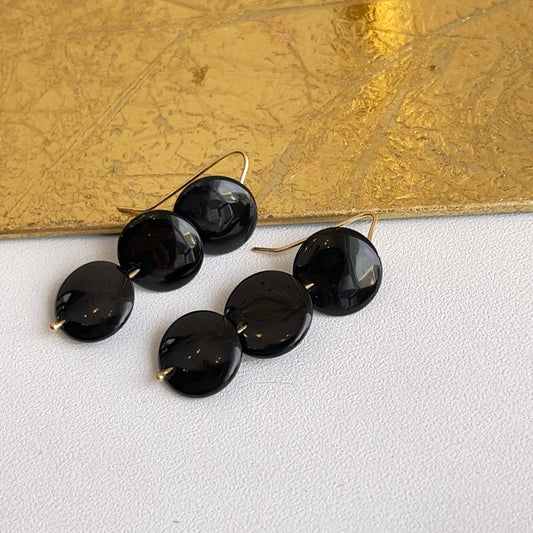 Estate 14KT Yellow Gold Triple Disc Black Onyx Dangle Earrings