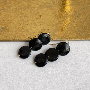 Estate 14KT Yellow Gold Triple Disc Black Onyx Dangle Earrings
