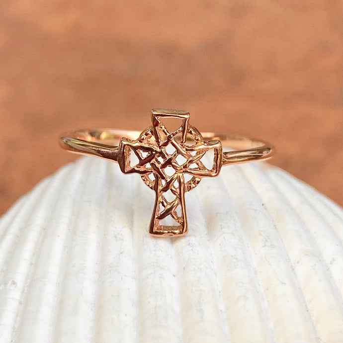 14KT Rose Gold Celtic Cross Open Weave Ring - Legacy Saint Jewelry
