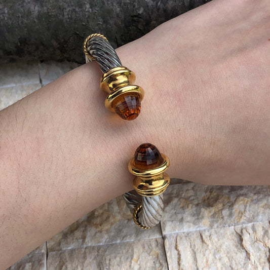 Estate 14KT White Gold + Yellow Gold Checkerboard Golden Citrine Bangle Bracelet - Legacy Saint Jewelry