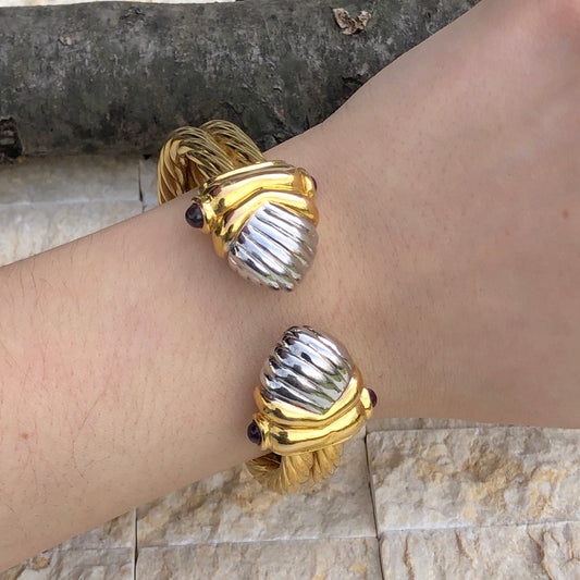 14KT White Gold + Yellow Gold Polished Amethyst Bangle Estate Bracelet - Legacy Saint Jewelry