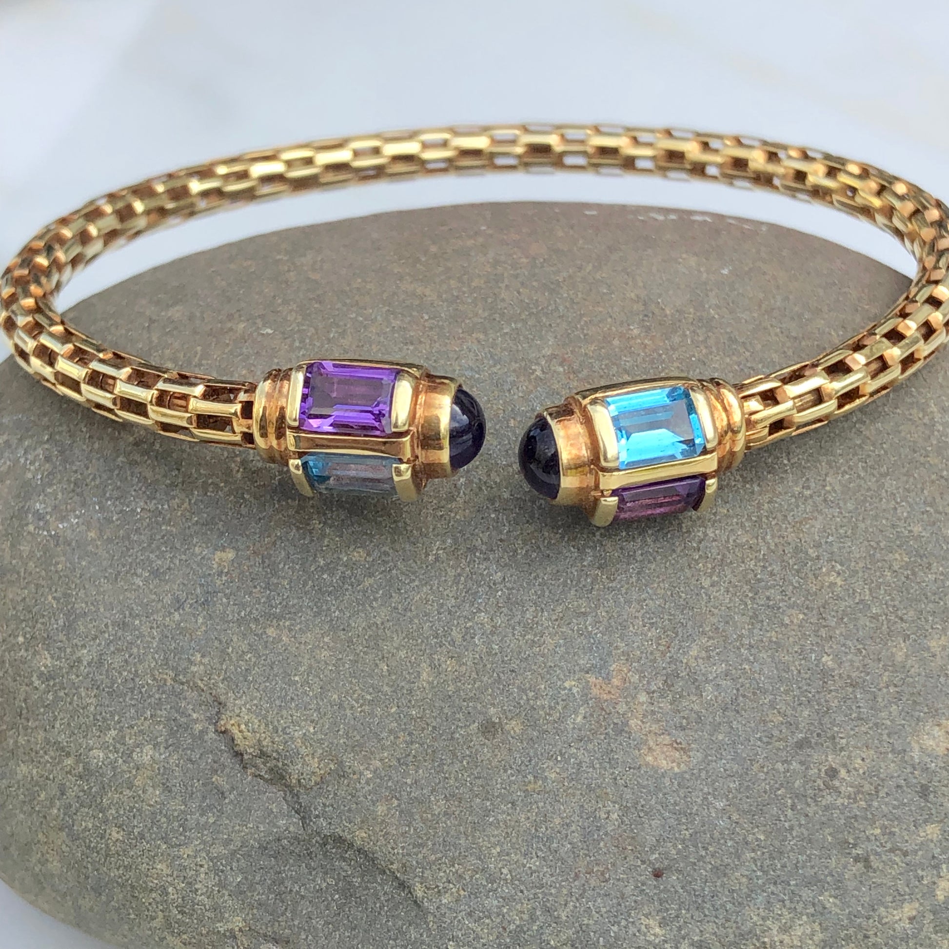 Estate 14KT Yellow Gold Multi Gemstone End Caps Cuff Bangle Bracelet - Legacy Saint Jewelry