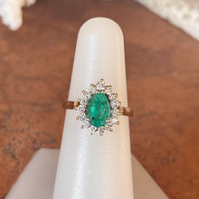 Load image into Gallery viewer, Estate 14KT Yellow Gold 1.50 CT Pear Emerald + Diamond Halo Ring