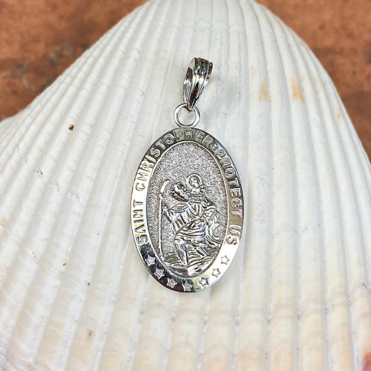 14KT White Gold Saint Christopher Oval Medal Pendant Charm 25mm, 14KT White Gold Saint Christopher Oval Medal Pendant Charm 25mm - Legacy Saint Jewelry