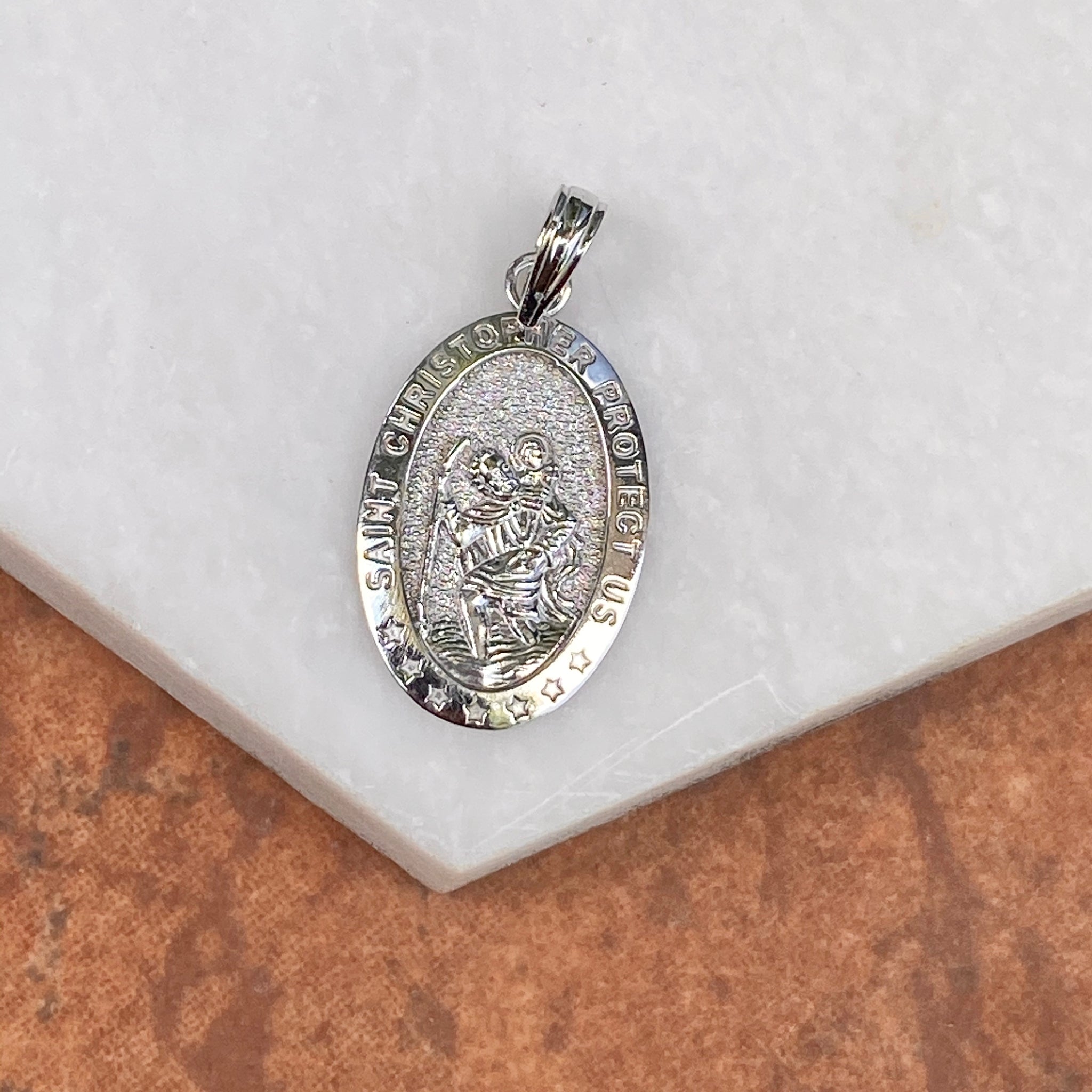 14KT White Gold Saint Christopher Oval Medal Pendant Charm 25mm – LSJ