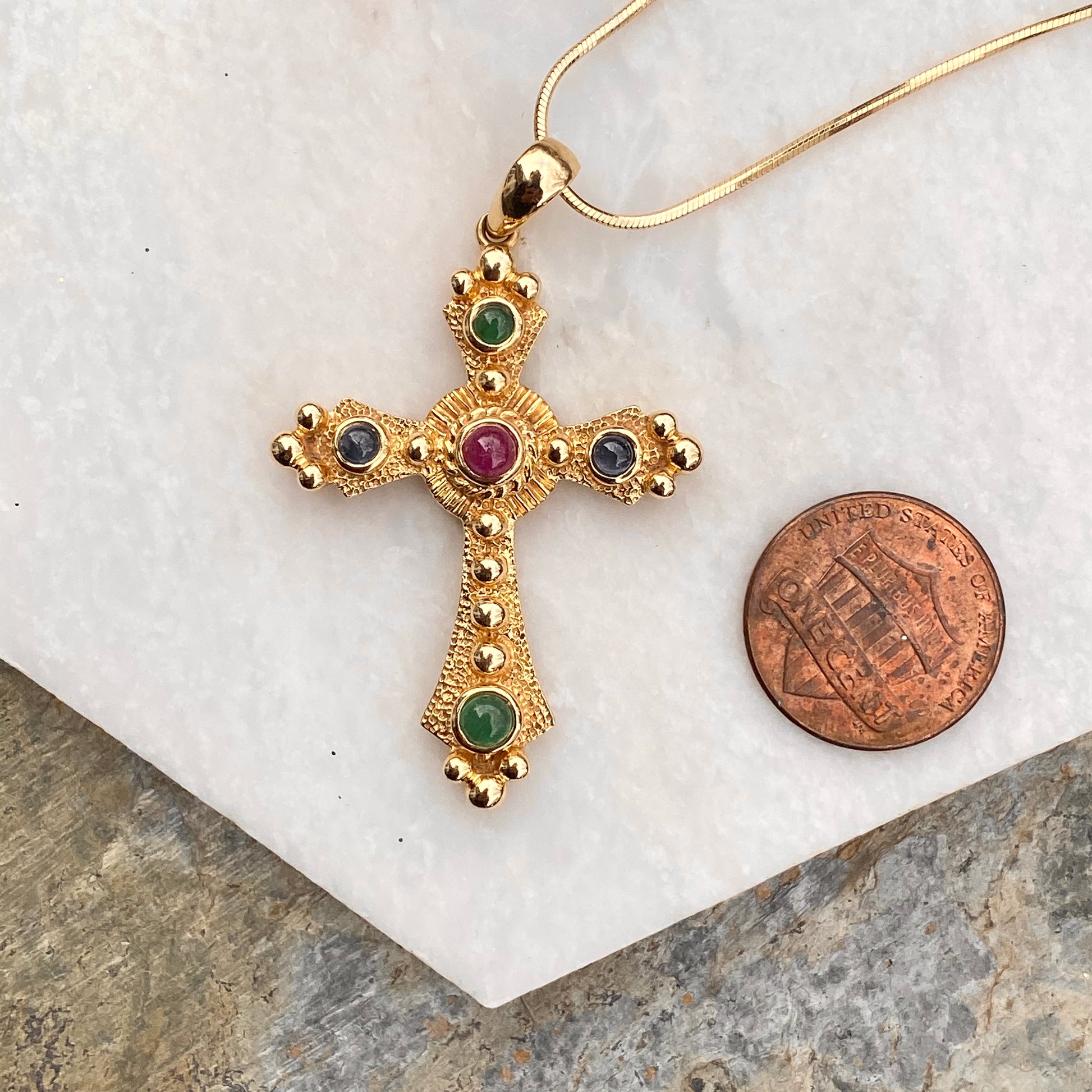 Estate 14KT Yellow Gold Gemstones Etruscan Cross Pendant Charm, Estate 14KT Yellow Gold Gemstones Etruscan Cross Pendant Charm - Legacy Saint Jewelry