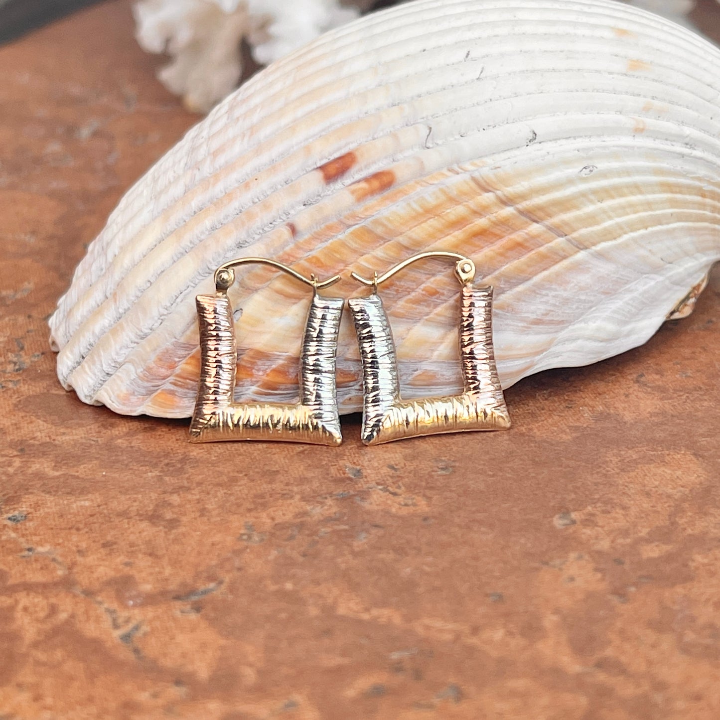 14KT Rose Gold, Yellow Gold, + White Gold Textured Square Hoop Earrings