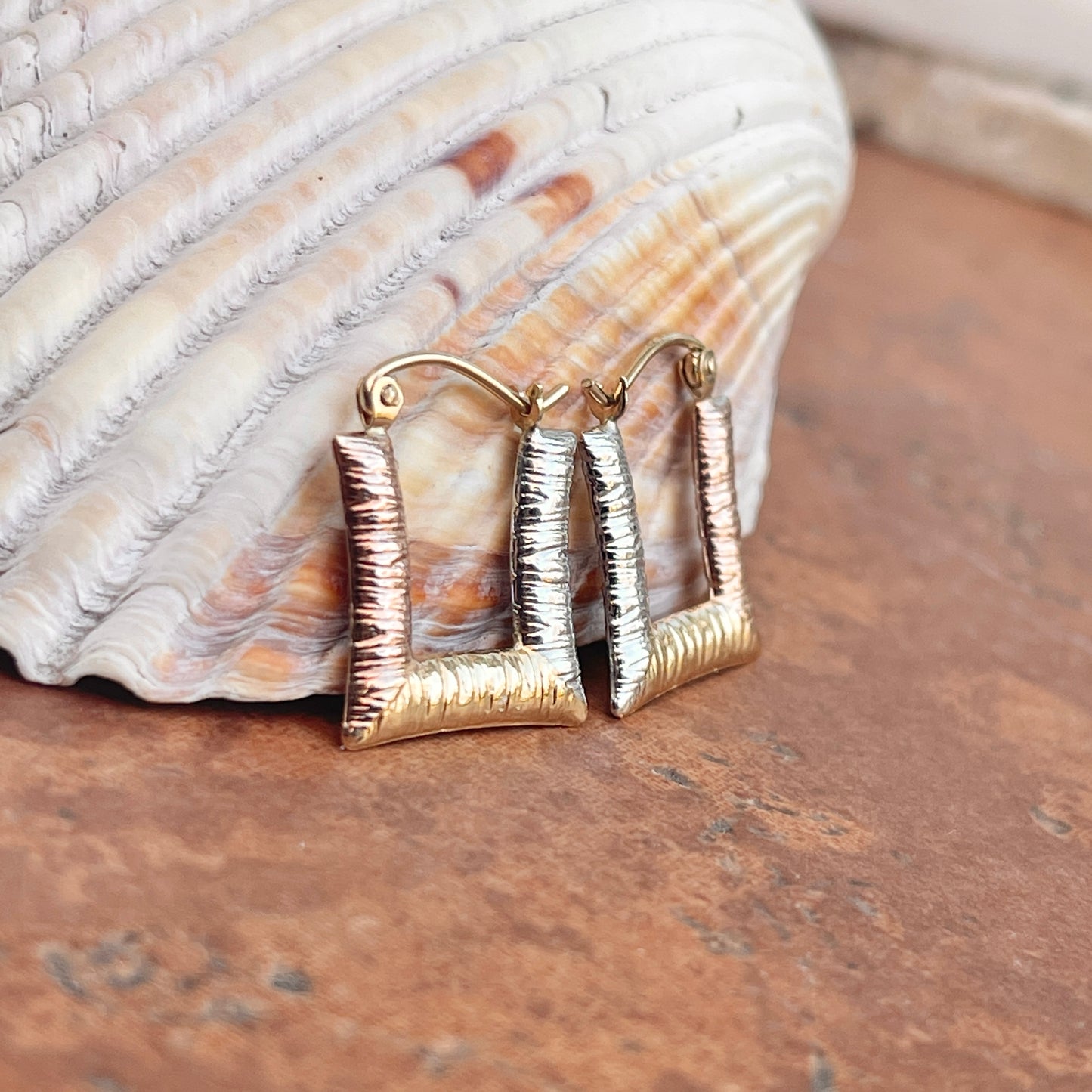 14KT Rose Gold, Yellow Gold, + White Gold Textured Square Hoop Earrings