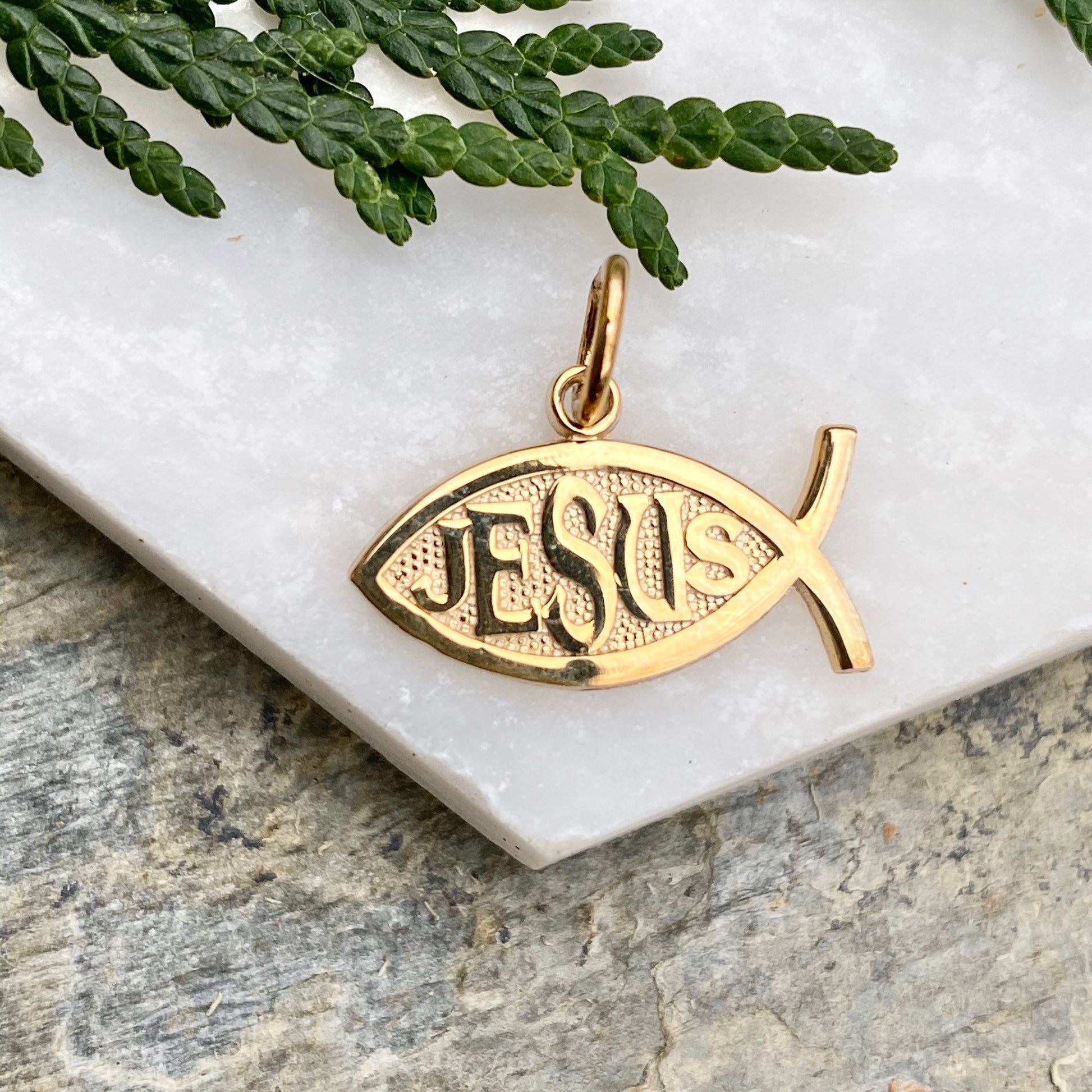10KT Yellow Gold Ichthus Fish "Jesus" Pendant Charm, 10KT Yellow Gold Ichthus Fish "Jesus" Pendant Charm - Legacy Saint Jewelry