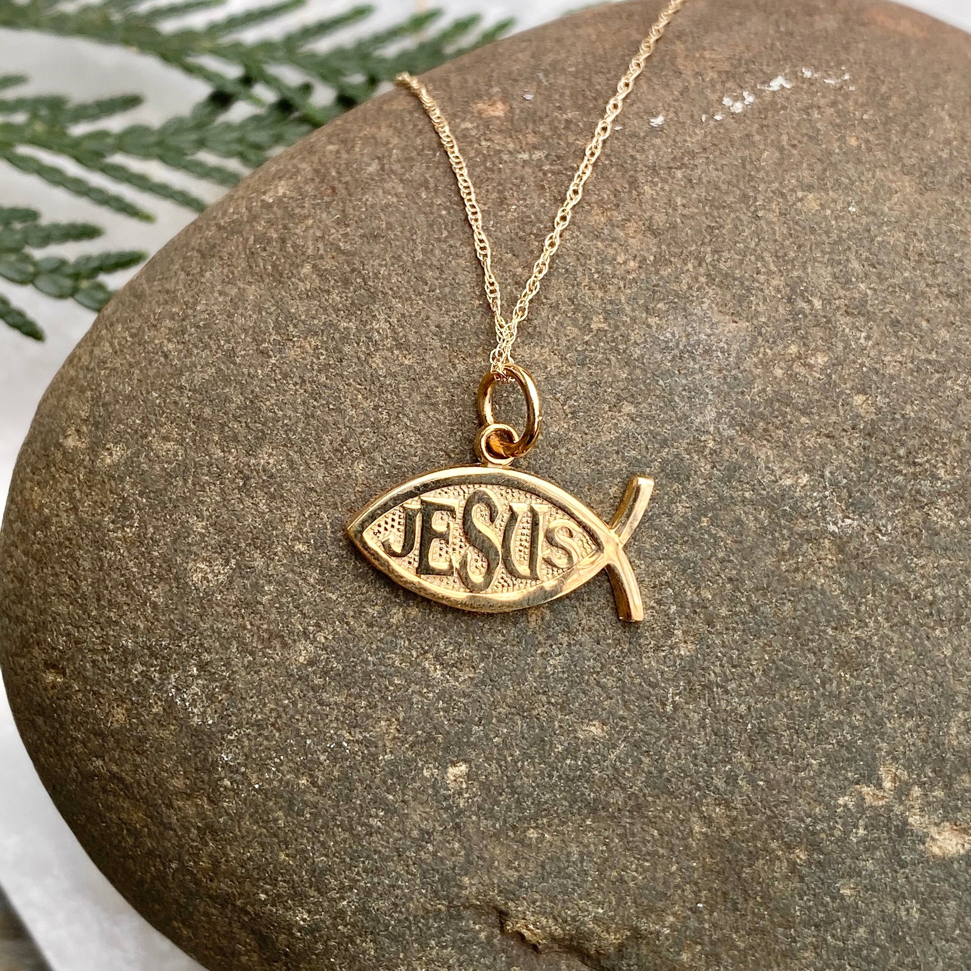 OOO 10KT Yellow Gold Ichthus Fish "Jesus" Chain Necklace, OOO 10KT Yellow Gold Ichthus Fish "Jesus" Chain Necklace - Legacy Saint Jewelry