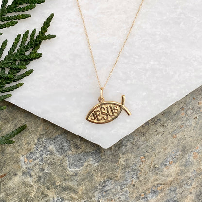 OOO 10KT Yellow Gold Ichthus Fish "Jesus" Chain Necklace, OOO 10KT Yellow Gold Ichthus Fish "Jesus" Chain Necklace - Legacy Saint Jewelry