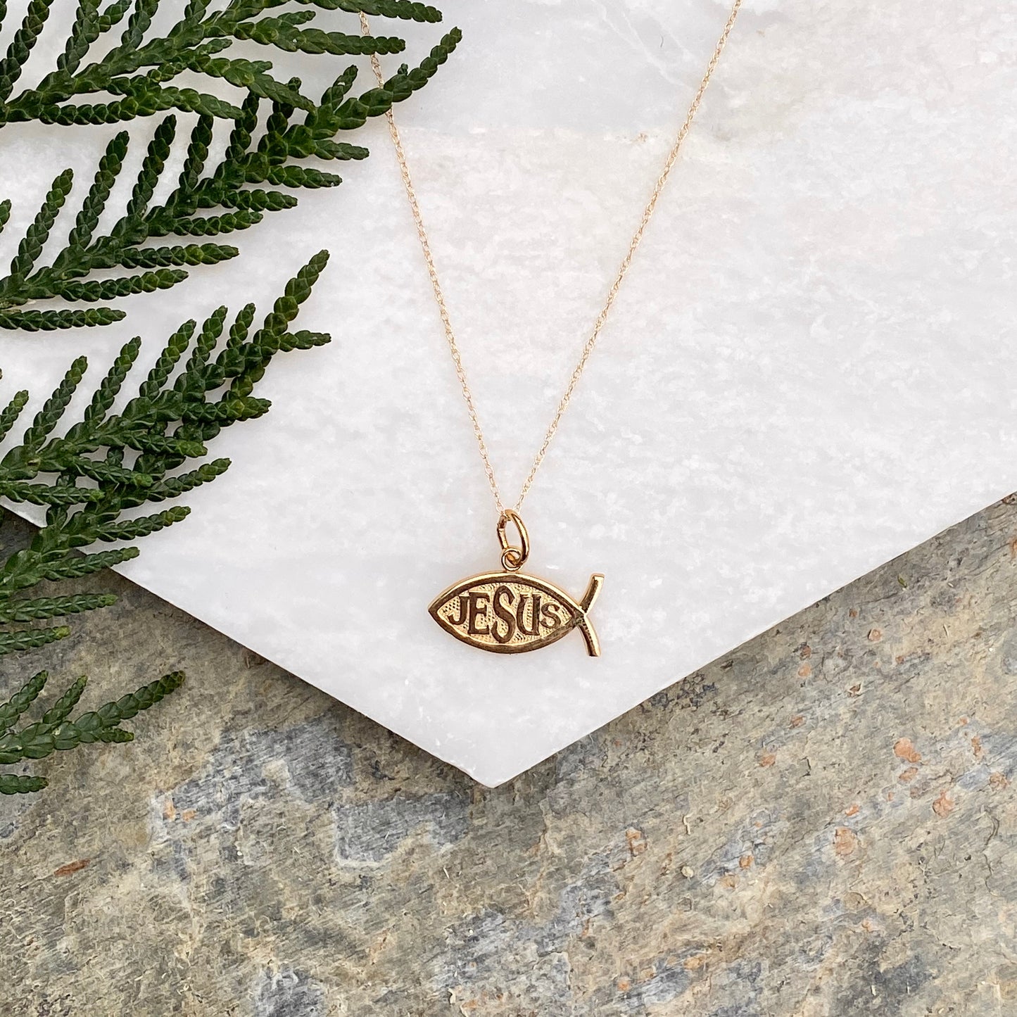 OOO 10KT Yellow Gold Ichthus Fish "Jesus" Chain Necklace, OOO 10KT Yellow Gold Ichthus Fish "Jesus" Chain Necklace - Legacy Saint Jewelry