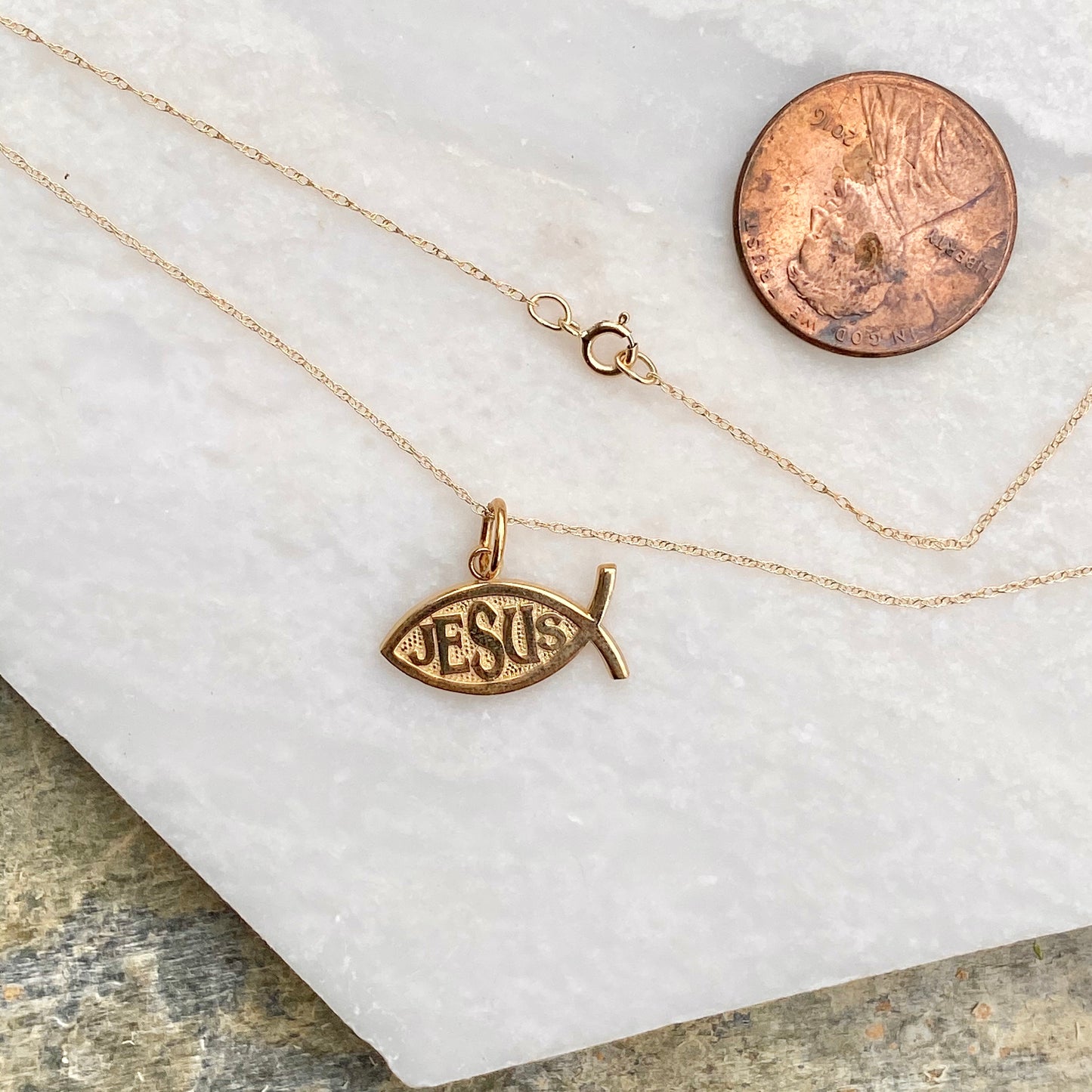 OOO 10KT Yellow Gold Ichthus Fish "Jesus" Chain Necklace, OOO 10KT Yellow Gold Ichthus Fish "Jesus" Chain Necklace - Legacy Saint Jewelry