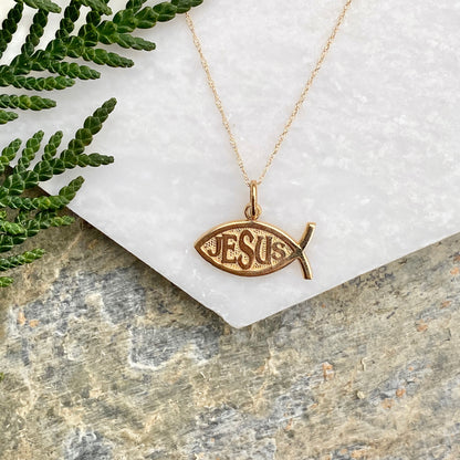 OOO 10KT Yellow Gold Ichthus Fish "Jesus" Chain Necklace, OOO 10KT Yellow Gold Ichthus Fish "Jesus" Chain Necklace - Legacy Saint Jewelry