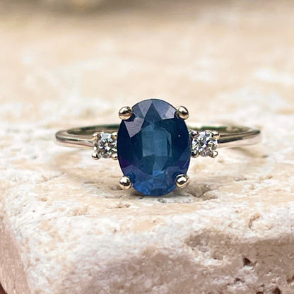 Estate 14KT White Gold Oval 2.00 CT Blue Sapphire + Diamond Accent Ring