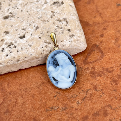 14KT Yellow Gold Mother + Baby Agate Cameo Pendant 22mm