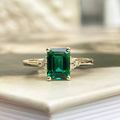 14KT Yellow Gold Lab Emerald-Cut Emerald + Diamond Estate Ring - LSJ