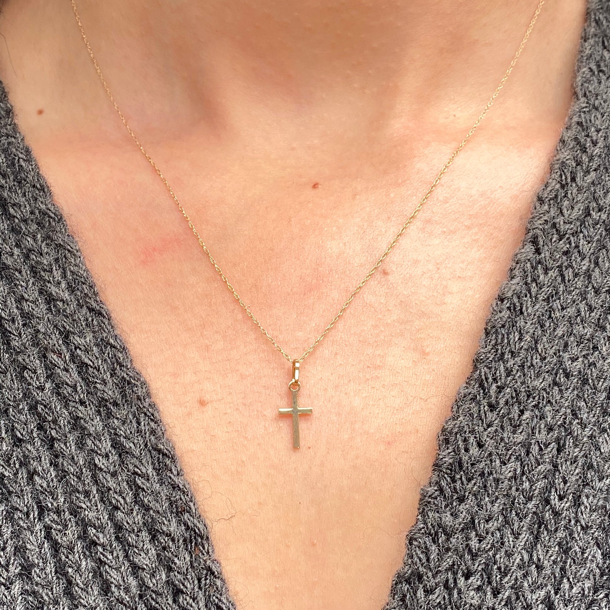 Solid 14k Yellow Gold Tiny Cross Pendant Charm - 14mm X 5mm Plain Crucifix