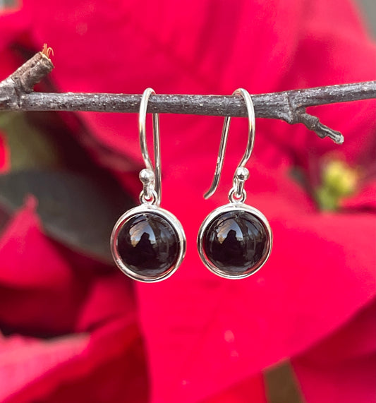 Sterling Silver Round Black Onyx Wire Dangle Earrings