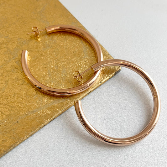 14KT Rose Gold Tube C-Shape Hoop Earrings 50mm