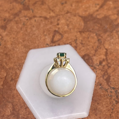Estate 14KT Yellow Gold .58 CT Pear Lab Emerald + Diamond Halo Ring