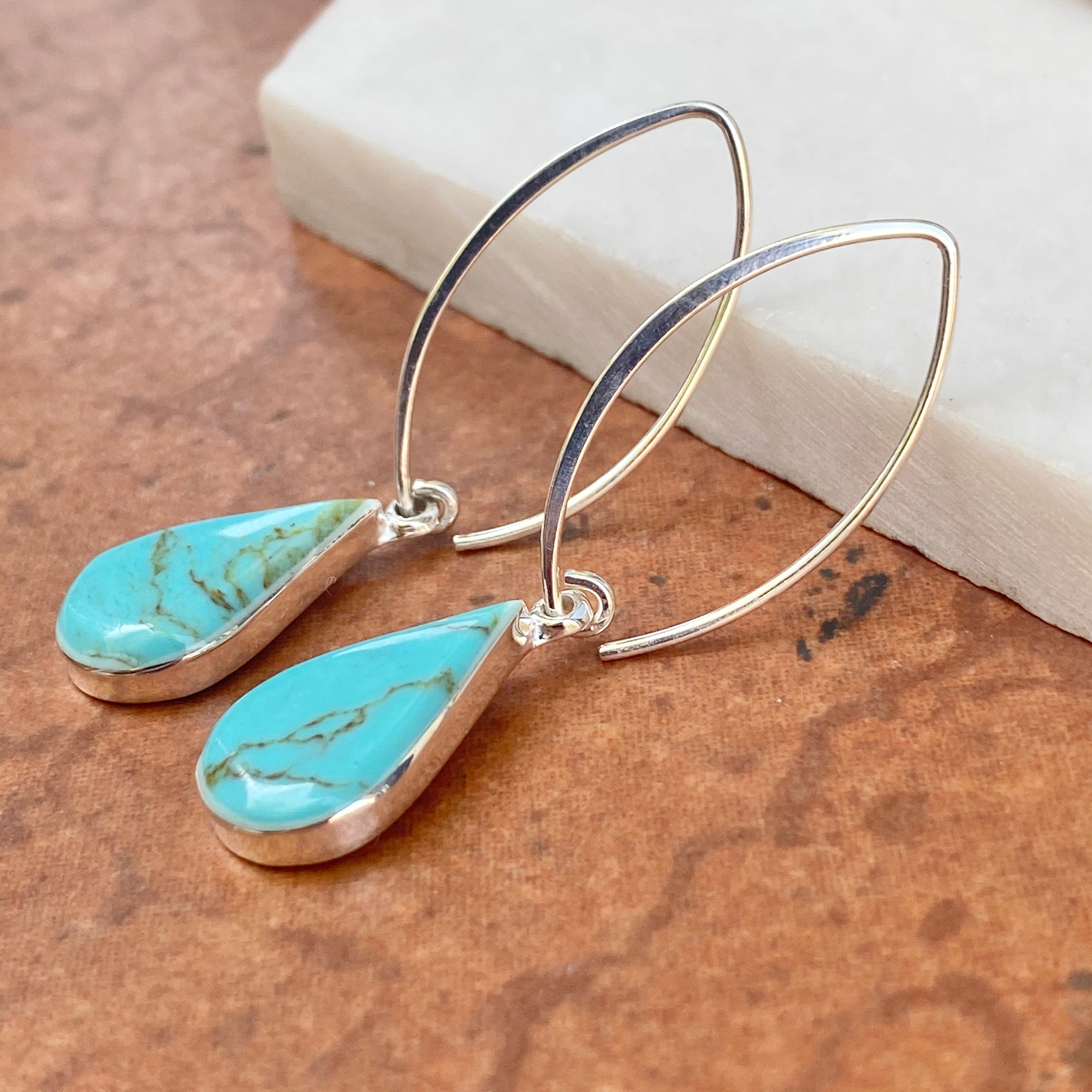 Turquoise Teardrop Earrings, Silver French Wire Hooks, Pear Shaped Flat Back Stone, Turquoise Earrings, Dangles, Simple Turquoise store Jewelry