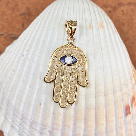 14KT Yellow Gold Filigree + Blue Enamel Evil Eye Hamsa Pendant Charm, 14KT Yellow Gold Filigree + Blue Enamel Evil Eye Hamsa Pendant Charm - Legacy Saint Jewelry