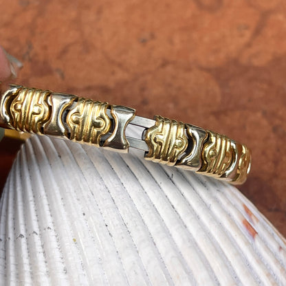 Estate 18KT Yellow Gold + White Gold Stampato Parentesi Style Cuff Bracelet