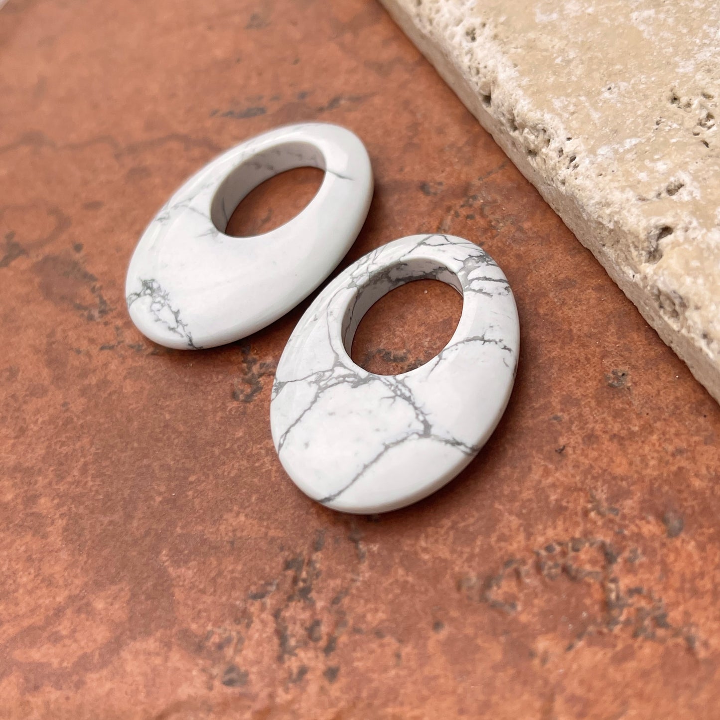 Estate White + Gray Marbling Howlite Oval Disc Gemstone Earring Charms