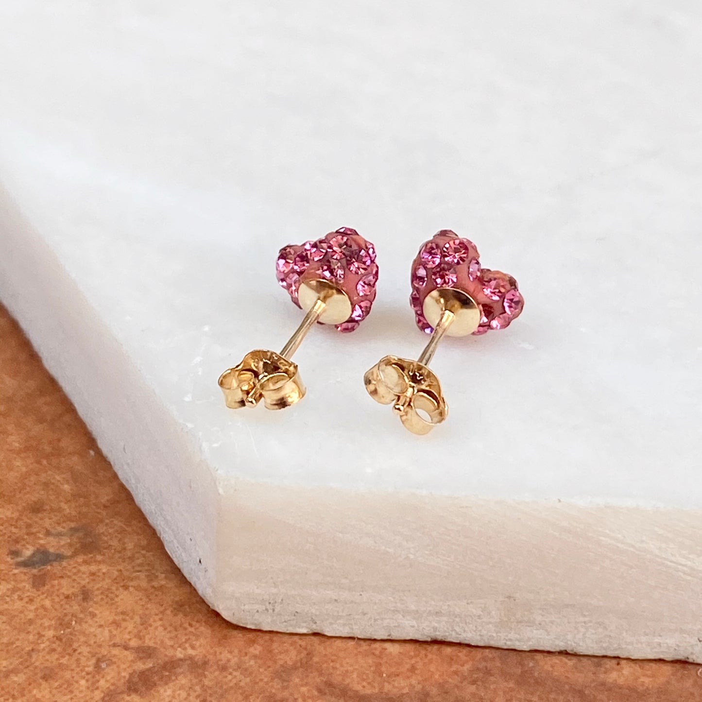 14KT Yellow Gold Pink CZ Mini Heart Stud Earrings, 14KT Yellow Gold Pink CZ Mini Heart Stud Earrings - Legacy Saint Jewelry